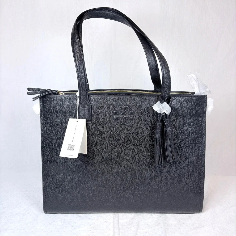 Tory Burch Thea Leather Tote Black Pebbled Leather 3 Compartment Bag Auth. NEW